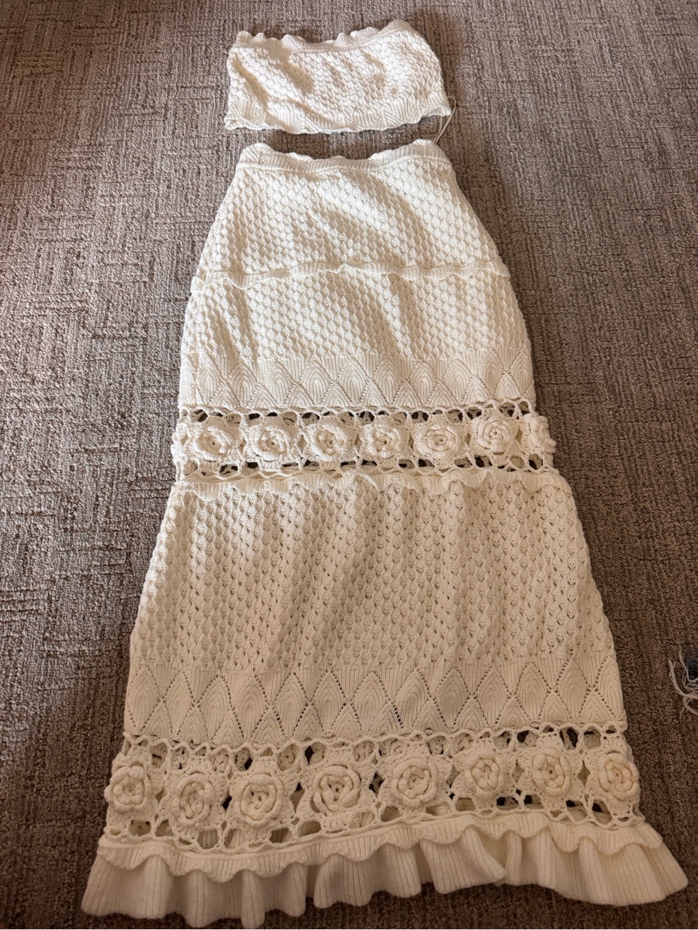 Cream Crochet Maxi Skirt with Floral Lace Panels